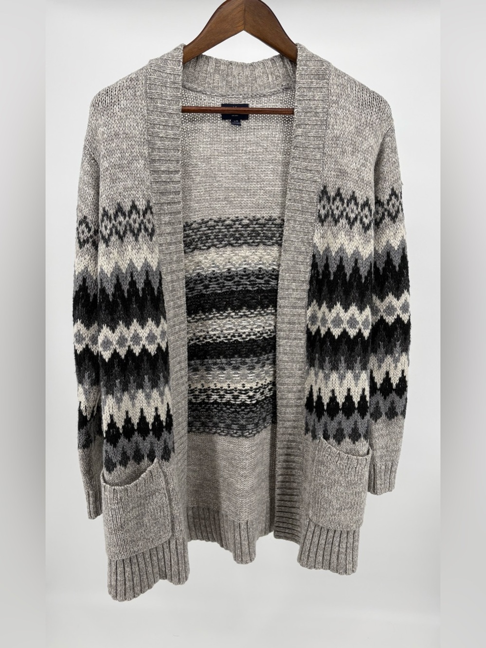 American Eagle Outfitters Gray, Black & Cream Fair Isle Open Cardigan